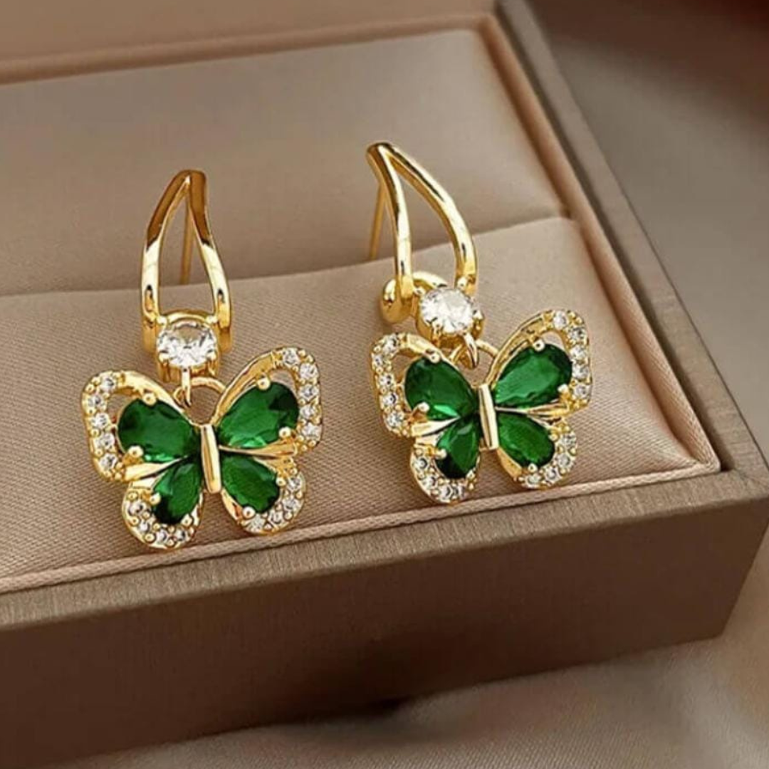 Aretes de Mariposa con Cristal Verde - Chapado en oro 18k - Joyería Fina y Exclusiva