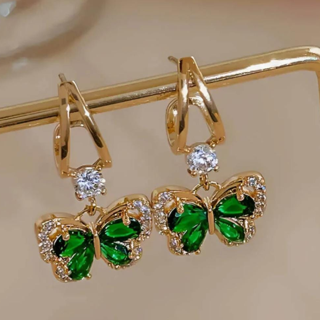 Aretes de Mariposa con Cristal Verde - Chapado en oro 18k - Joyería Fina y Exclusiva