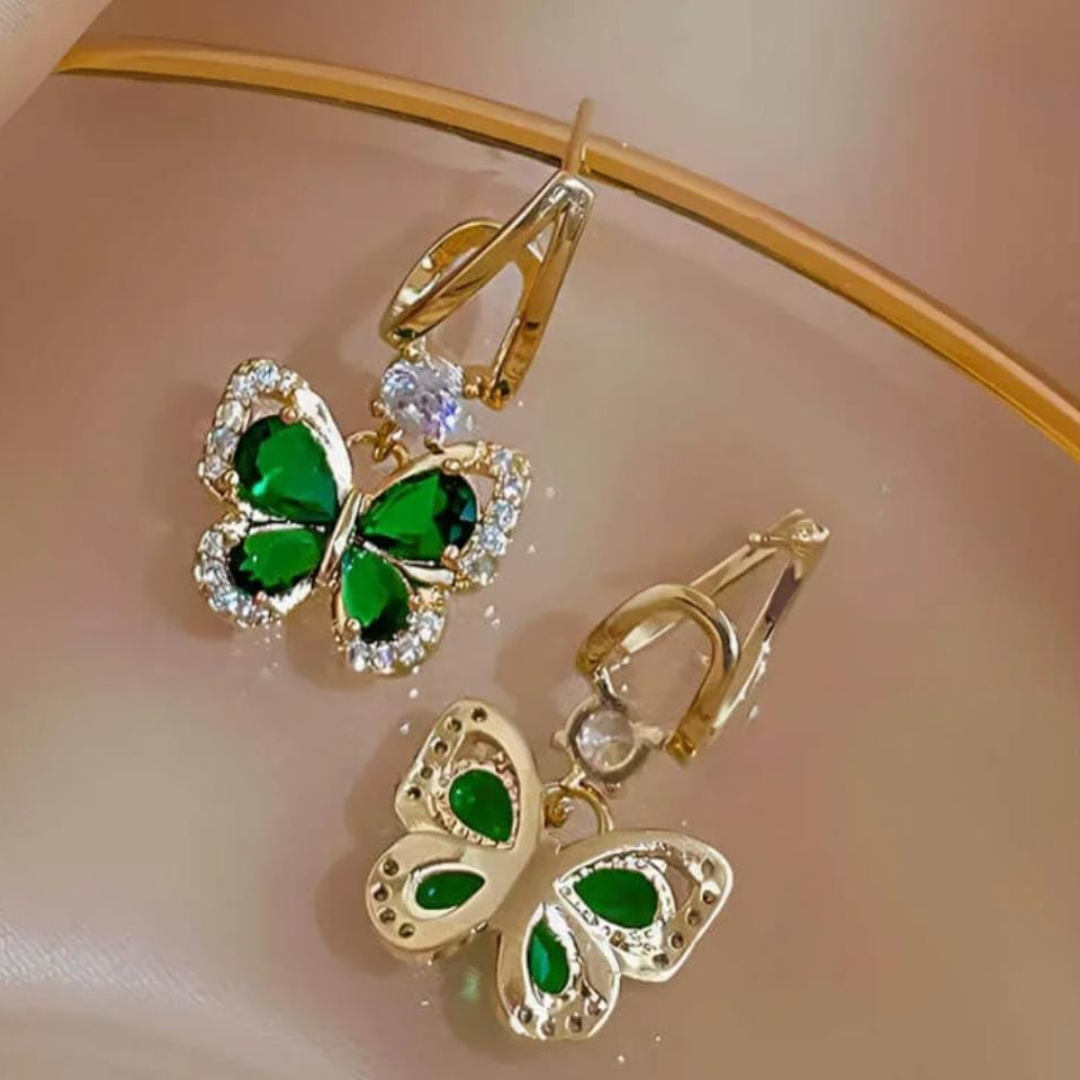 Aretes de Mariposa con Cristal Verde - Chapado en oro 18k - Joyería Fina y Exclusiva
