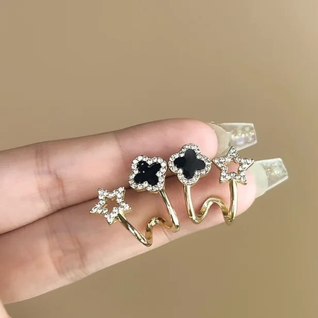 Aretes de Trébol Negro y Estrella Dorada - Chapados en Oro 18k