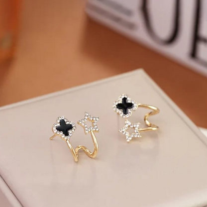 Aretes de Trébol Negro y Estrella Dorada - Chapados en Oro 18k