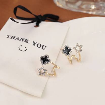Aretes de Trébol Negro y Estrella Dorada - Chapados en Oro 18k